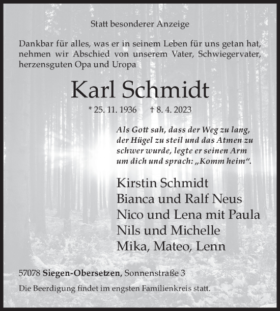 Traueranzeige von Karl Schmidt von Siegener Zeitung