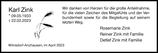 Traueranzeige von Karl Zink von Siegener Zeitung
