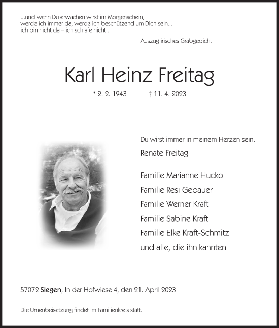 Traueranzeige von Karl Heinz Freitag von Siegener Zeitung