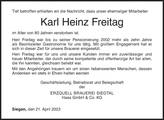 Traueranzeige von Karl Heinz Freitag von Siegener Zeitung