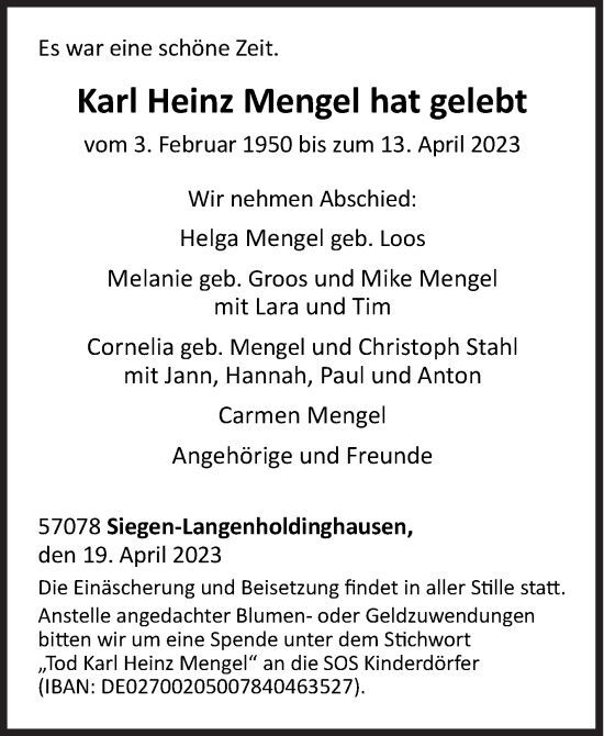 Traueranzeige von Karl Heinz Mengel von Siegener Zeitung