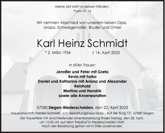 Traueranzeige von Karl Heinz Schmidt von Siegener Zeitung