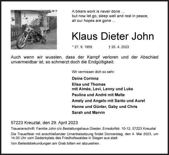 Traueranzeige von Klaus Dieter John von Siegener Zeitung