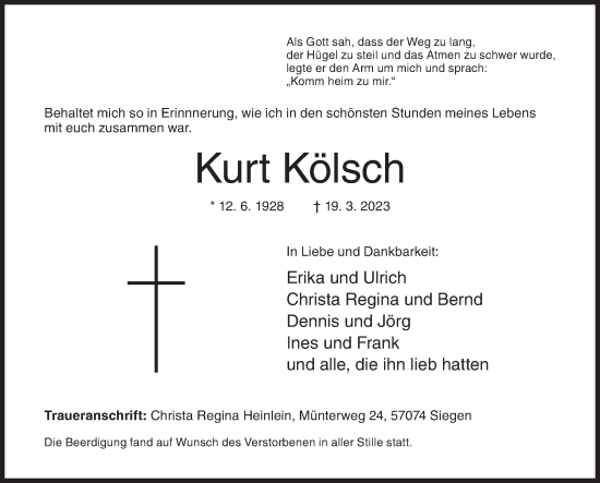 Traueranzeige von Kurt Kölsch von Siegener Zeitung