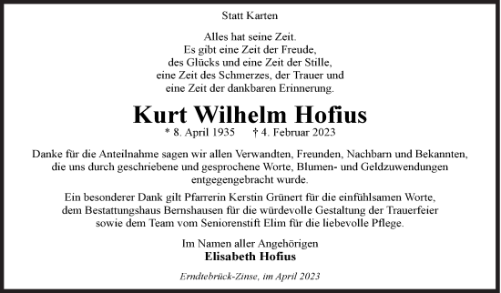 Traueranzeige von Kurt Wilhelm Hofius von Siegener Zeitung
