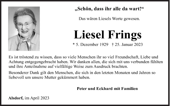 Traueranzeige von Liesel Frings von Siegener Zeitung