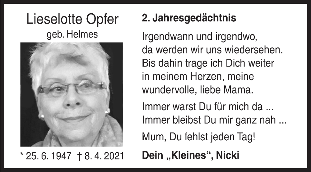  Traueranzeige für Lieselotte Opfer vom 08.04.2023 aus Siegener Zeitung