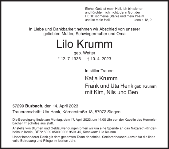 Traueranzeige von Lilo Krumm von Siegener Zeitung
