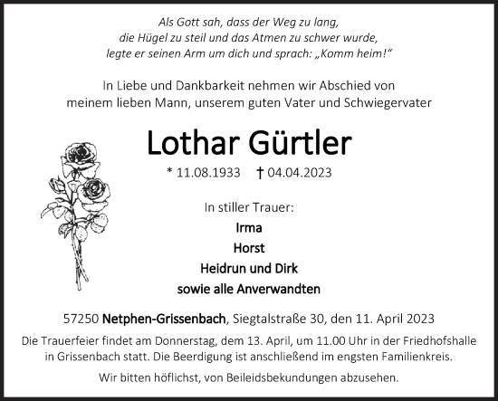 Traueranzeige von Lothar Gürtler von Siegener Zeitung