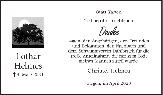 Traueranzeige von Lothar Helmes von Siegener Zeitung