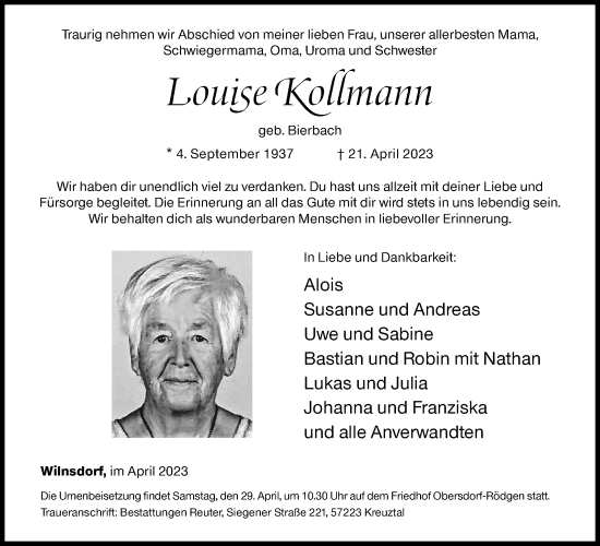 Traueranzeige von Louise Kollmann von Siegener Zeitung