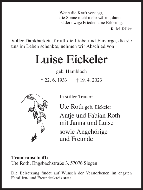 Traueranzeige von Luise Eickeler von Siegener Zeitung