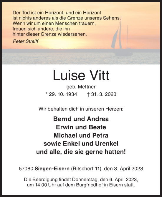 Traueranzeige von Luise Vitt von Siegener Zeitung