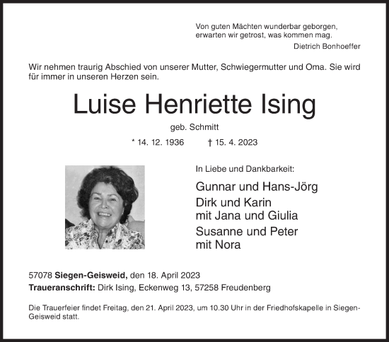 Traueranzeige von Luise Henriette Ising von Siegener Zeitung
