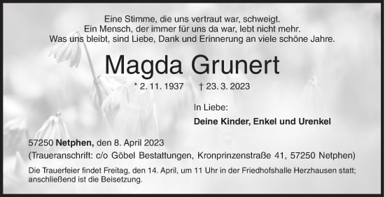 Traueranzeige von Magda Grunert von Siegener Zeitung