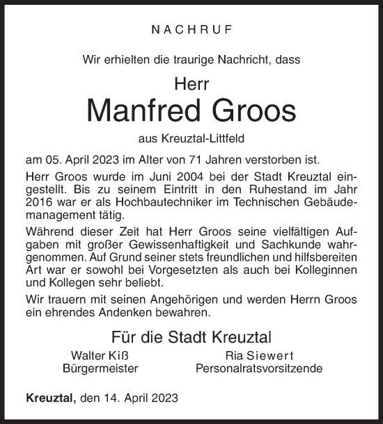 Traueranzeige von Manfred Groos von Siegener Zeitung