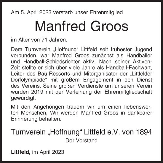 Traueranzeige von Manfred Groos von Siegener Zeitung