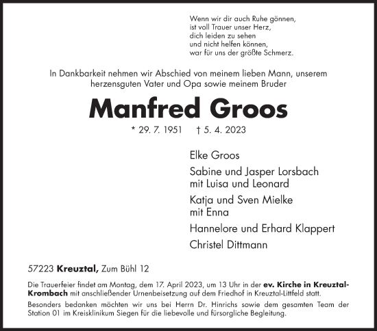 Traueranzeige von Manfred Groos von Siegener Zeitung
