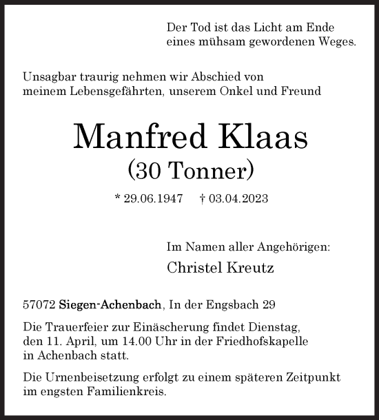 Traueranzeige von Manfred Klaas von Siegener Zeitung