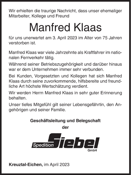 Traueranzeige von Manfred Klaas von Siegener Zeitung