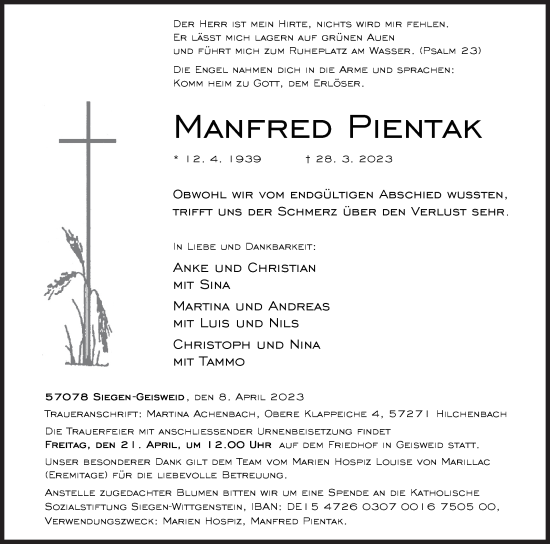 Traueranzeige von Manfred Pientak von Siegener Zeitung