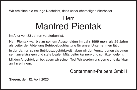 Traueranzeige von Manfred Pientak von Siegener Zeitung