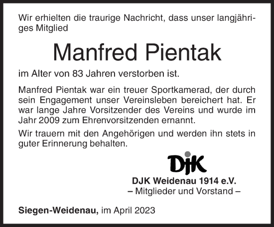 Traueranzeige von Manfred Pientak von Siegener Zeitung