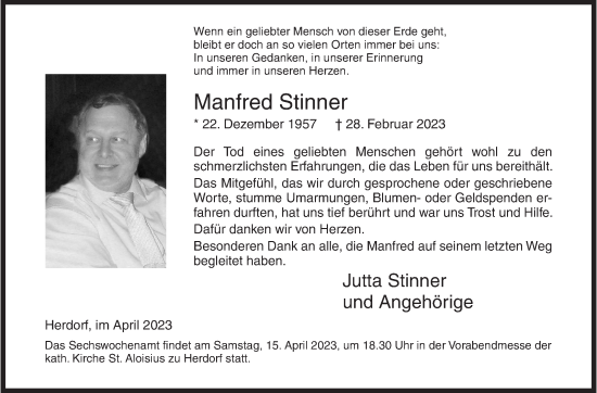 Traueranzeige von Manfred Stinner von Siegener Zeitung