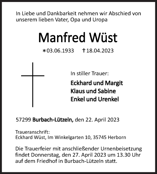 Traueranzeige von Manfred Wüst von Siegener Zeitung