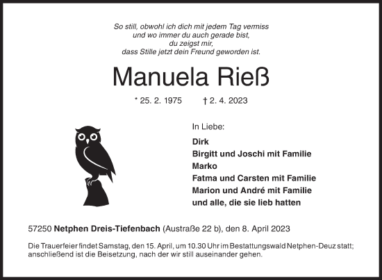 Traueranzeige von Manuela Rieß von Siegener Zeitung