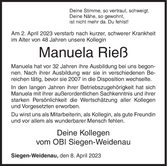 Traueranzeige von Manuela Rieß von Siegener Zeitung