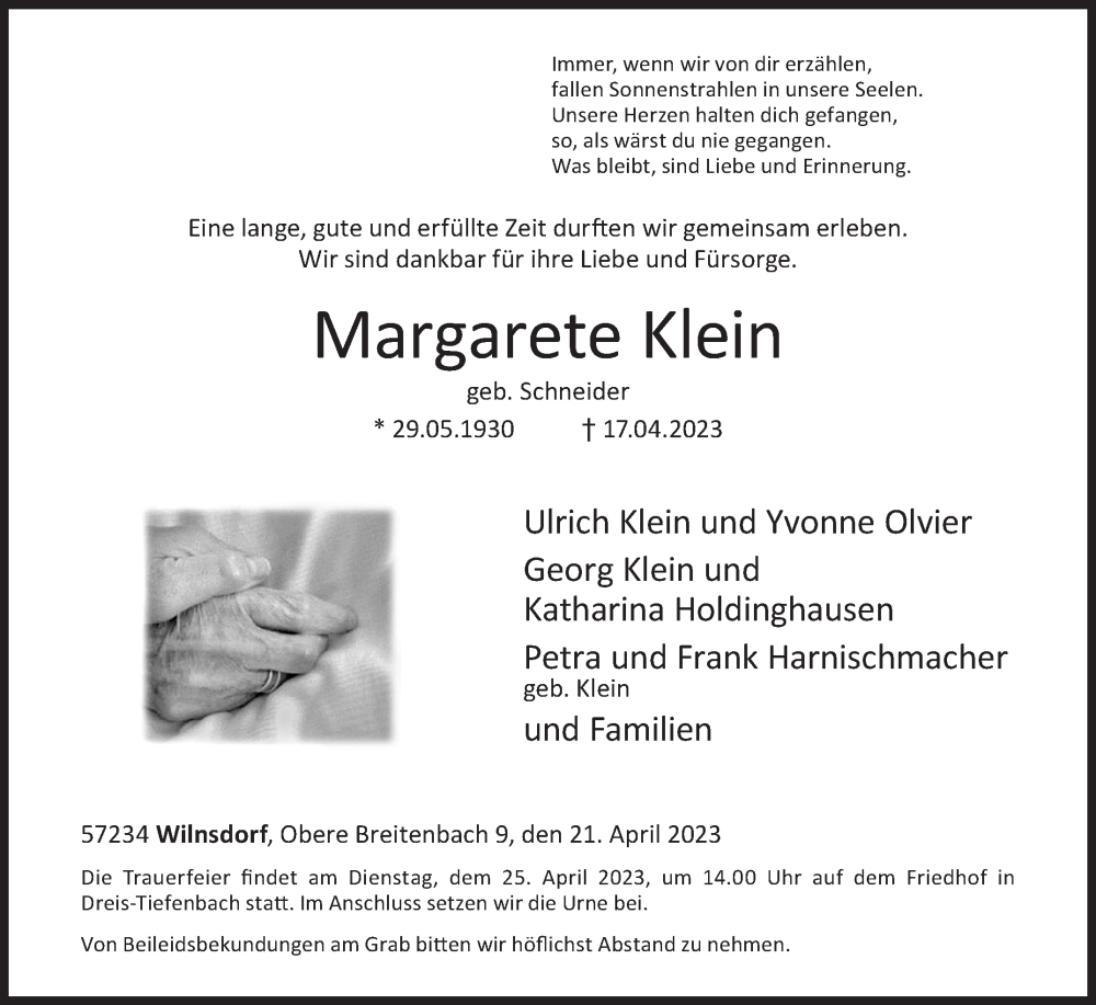  Traueranzeige für Margarete Klein vom 21.04.2023 aus Siegener Zeitung