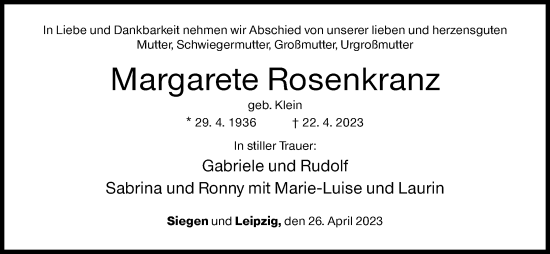 Traueranzeige von Margarete Rosenkranz von Siegener Zeitung