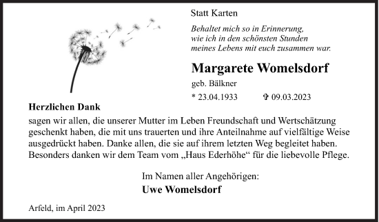 Traueranzeige von Margarete Womelsdorf von Siegener Zeitung