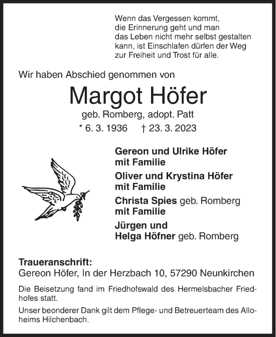 Traueranzeige von Margot Höfer von Siegener Zeitung