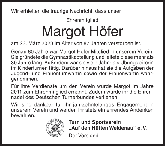 Traueranzeige von Margot Höfer von Siegener Zeitung