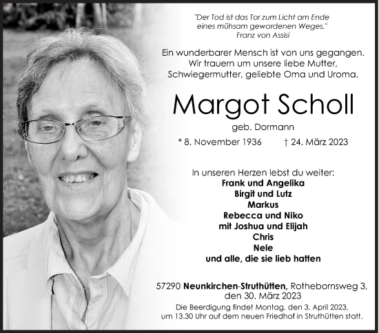 Traueranzeige von Margot Scholl von Siegener Zeitung