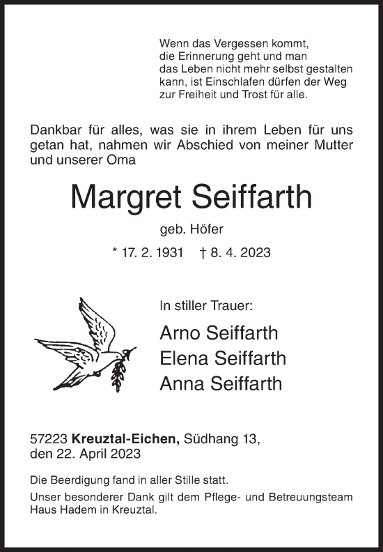 Traueranzeige von Margret Seiffarth von Siegener Zeitung