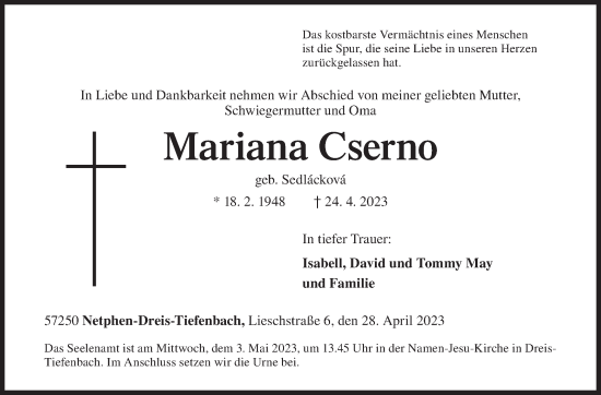 Traueranzeige von Mariana Cserno von Siegener Zeitung