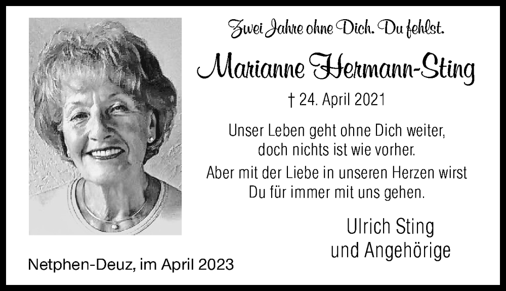  Traueranzeige für Marianne Hermann-Sting vom 24.04.2023 aus Siegener Zeitung