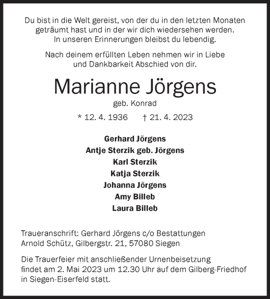 Traueranzeige von Marianne Jörgens von Siegener Zeitung