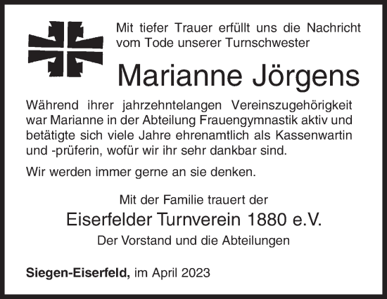 Traueranzeige von Marianne Jörgens von Siegener Zeitung