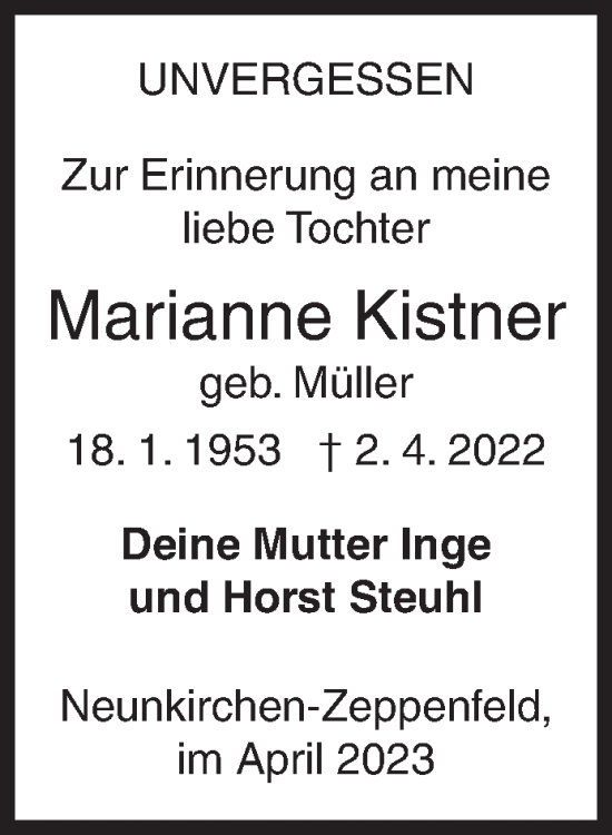 Traueranzeige von Marianne Kistner von Siegener Zeitung