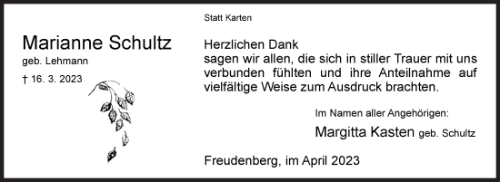 Traueranzeige von Marianne Schultz von Siegener Zeitung