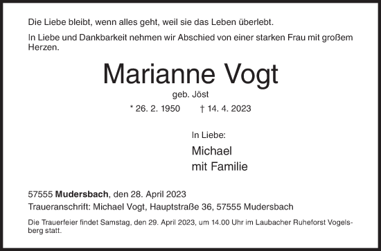 Traueranzeige von Marianne Vogt von Siegener Zeitung