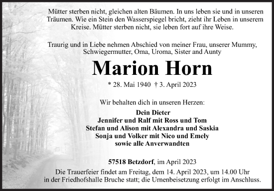 Traueranzeige von Marion Horn von Siegener Zeitung
