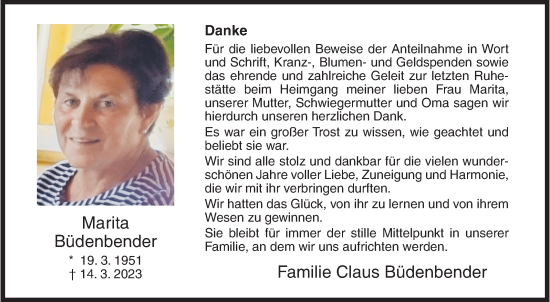 Traueranzeige von Marita Büdenbender von Siegener Zeitung