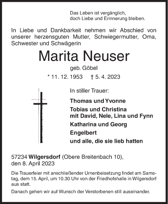 Traueranzeige von Marita Neuser von Siegener Zeitung