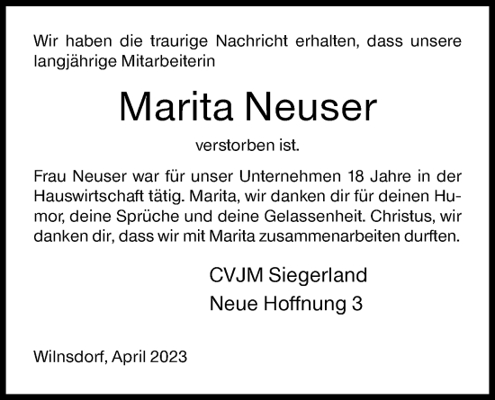 Traueranzeige von Marita Neuser von Siegener Zeitung