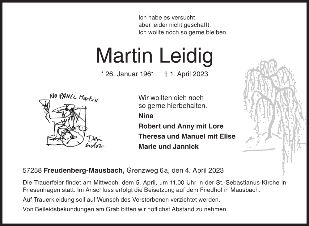  Traueranzeige für Martin Leidig vom 04.04.2023 aus Siegener Zeitung